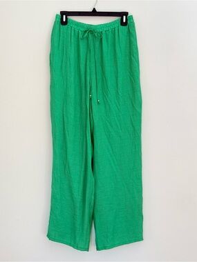 Mlle Gabrielle Emerald Green Wide Leg Pants Tie Waist Pull On Resort Beach Large
